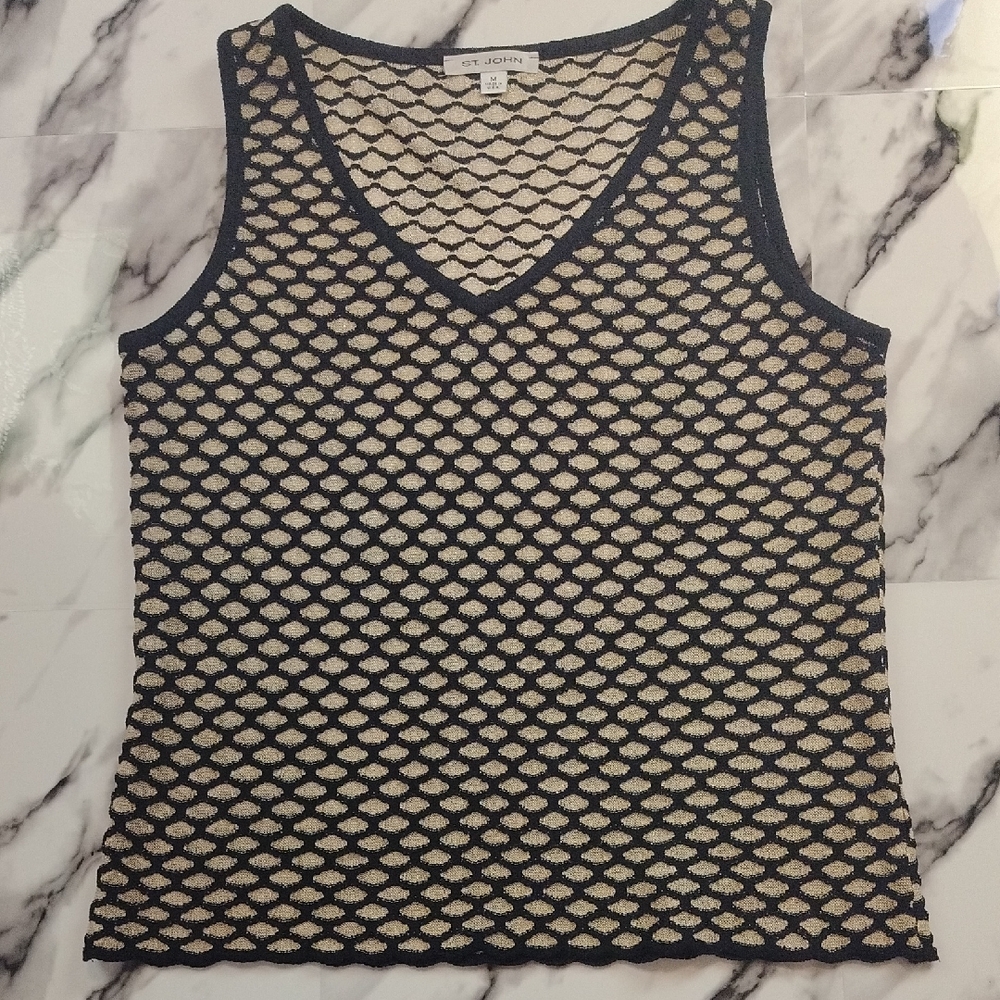 St. John Knit Tank Metallic Honeycomb‎ V-Neck Top Women Size M Black Gold USA